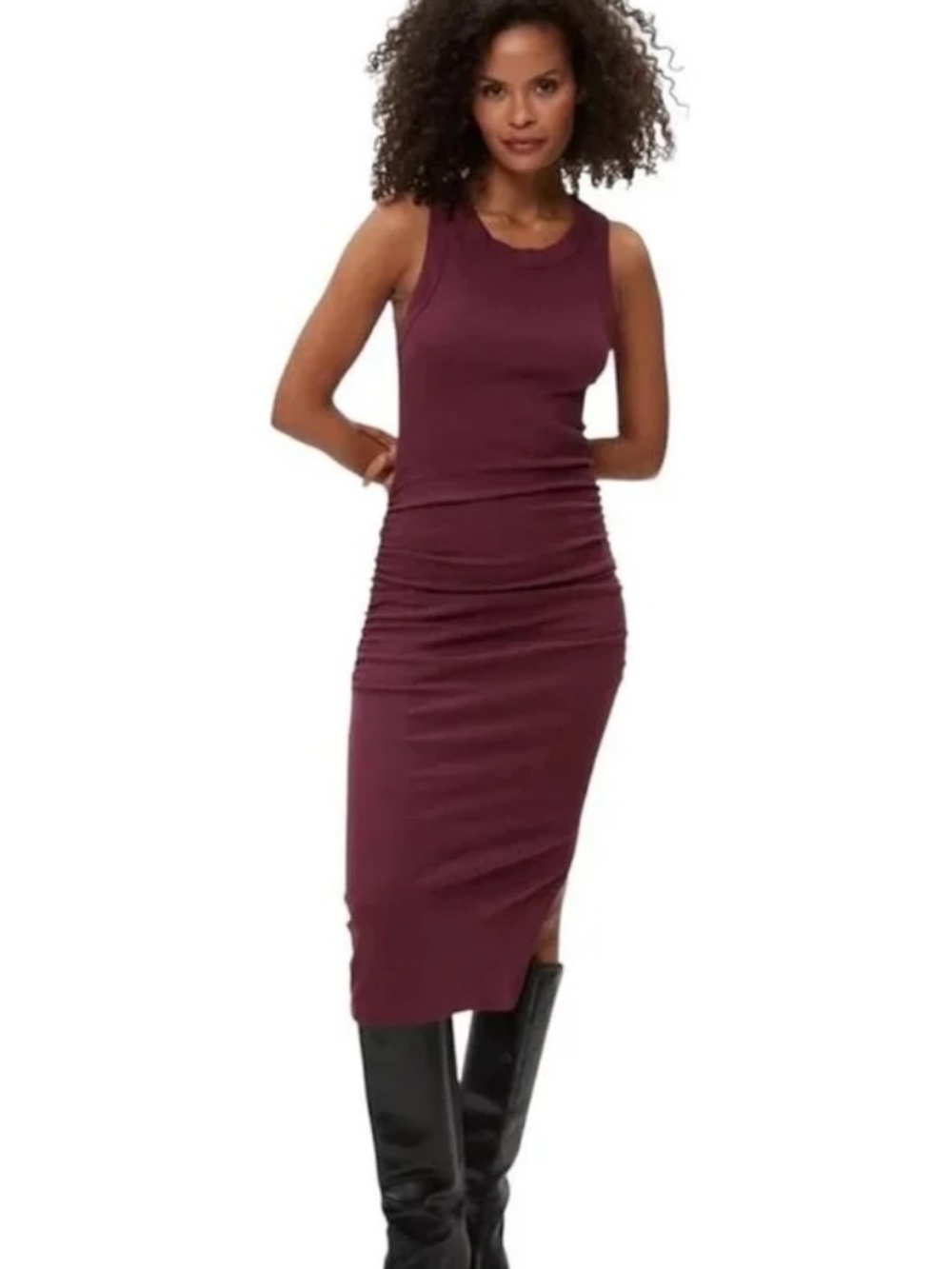 Michael Stars x Evereve Womens Ultra Rib Dress Size M Purple Ruched Bodycon
